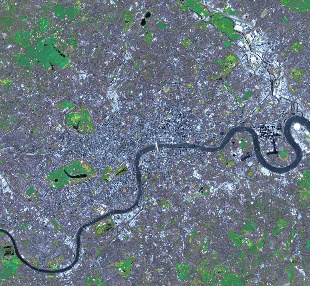 This simulated natural color image of London was acquired May 26, 2012 by NASA's Terra spacecraft. Major construction projects included the new 400-acre Olympic Park for the 2012 Summer Olympic Games.