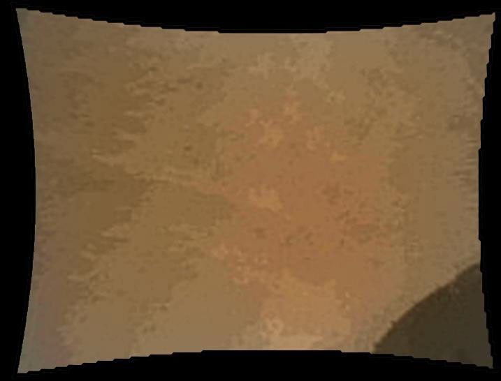 This color thumbnail image was obtained by NASA's Curiosity rover illustrating the first appearance of the left front wheel of the Curiosity rover after deployment of the suspension system as the vehicle was about to touch down on Mars.
