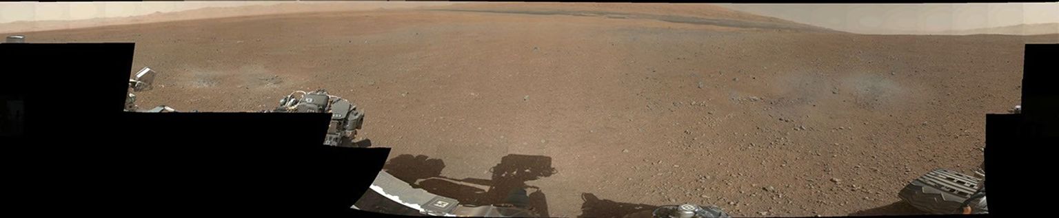 This is the first 360-degree panorama in color of the Gale Crater landing site taken by NASA's Curiosity rover. The panorama was made from thumbnail versions of images taken by the Mast Camera.