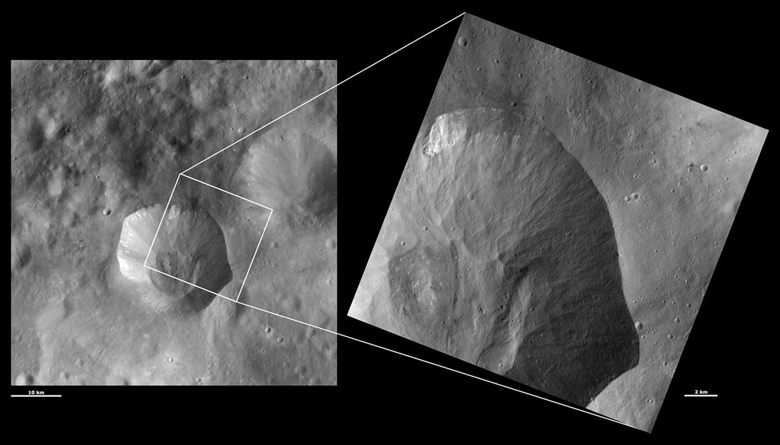 These images from NASA's Dawn spacecraft are located in asteroid Vesta's Numisia quadrangle, in Vesta's southern hemisphere. fine-scale structure of the slumping-related features on Drusilla's sloping sides.