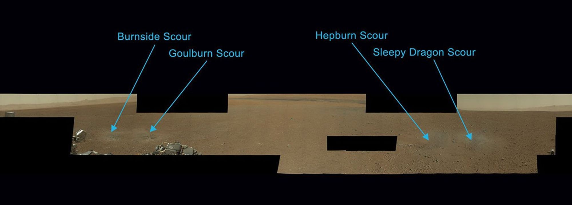 Scientists have now named the four marks near NASA's Curiosity rover where blasts from the descent stage rocket engines blew away some of the Martian surface material. Clockwise from the most north: Burnside, Goulburn, Hepburn and Sleepy Dragon.