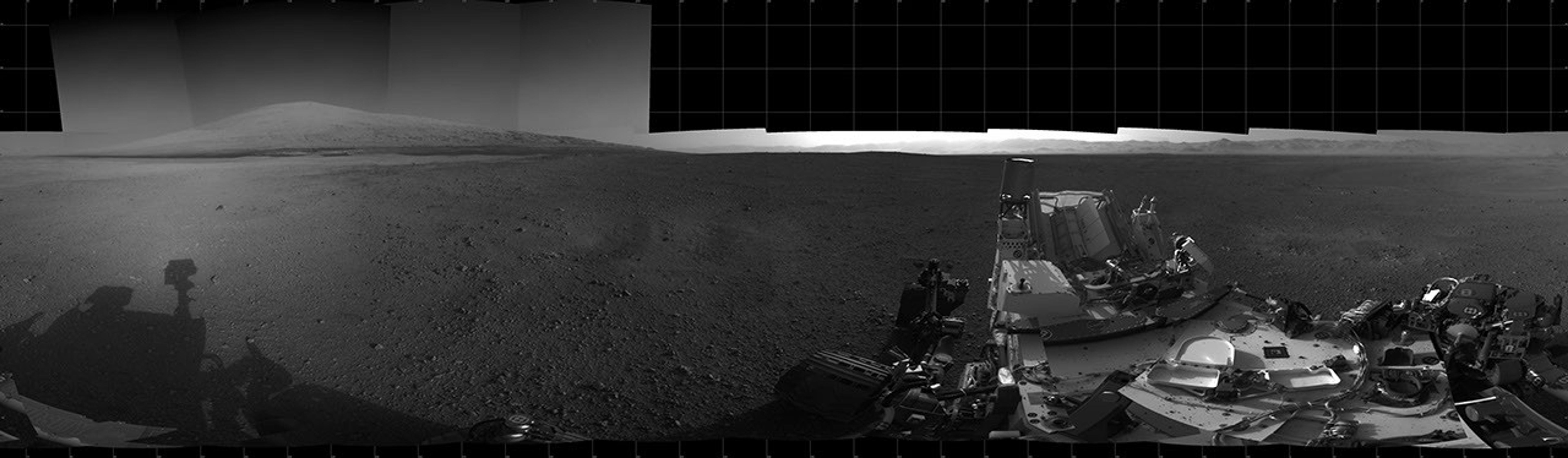 With the addition of four high-resolution Navigation Camera, or Navcam, images, taken on Aug. 18 (Sol 12), Curiosity's 360-degree landing-site panorama now includes the highest point on Mount Sharp visible from the rover.