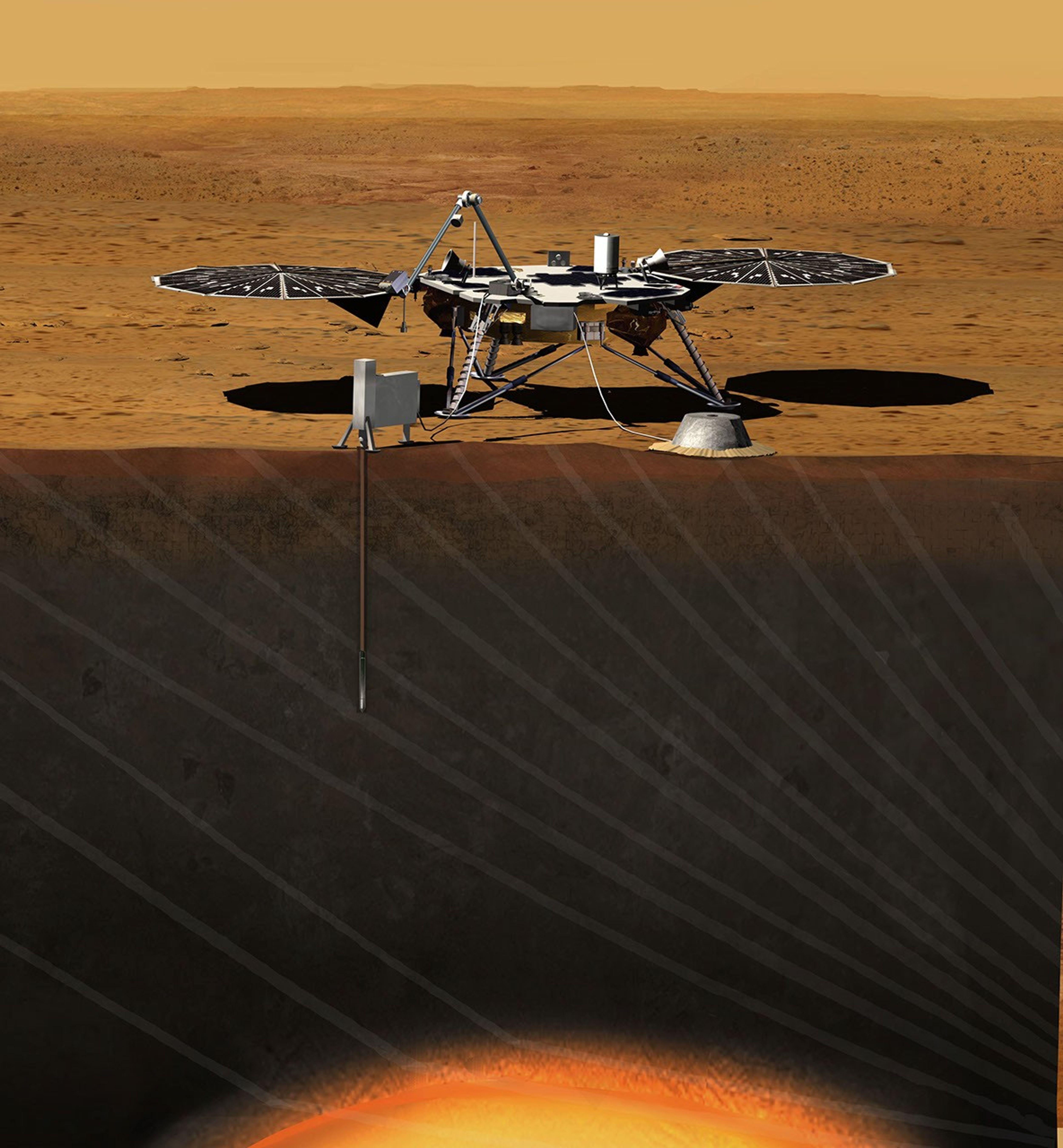 Artist rendition of the InSight (Interior exploration using Seismic Investigations, Geodesy and Heat Transport) Lander.