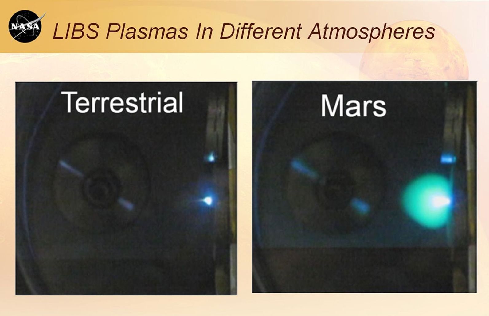 This image shows laser plasmas in a test lab at Los Alamos National Laboratory, N.M., under typical atmospheric pressures on Earth and Mars. A plasma is an ionized, glowing gas.