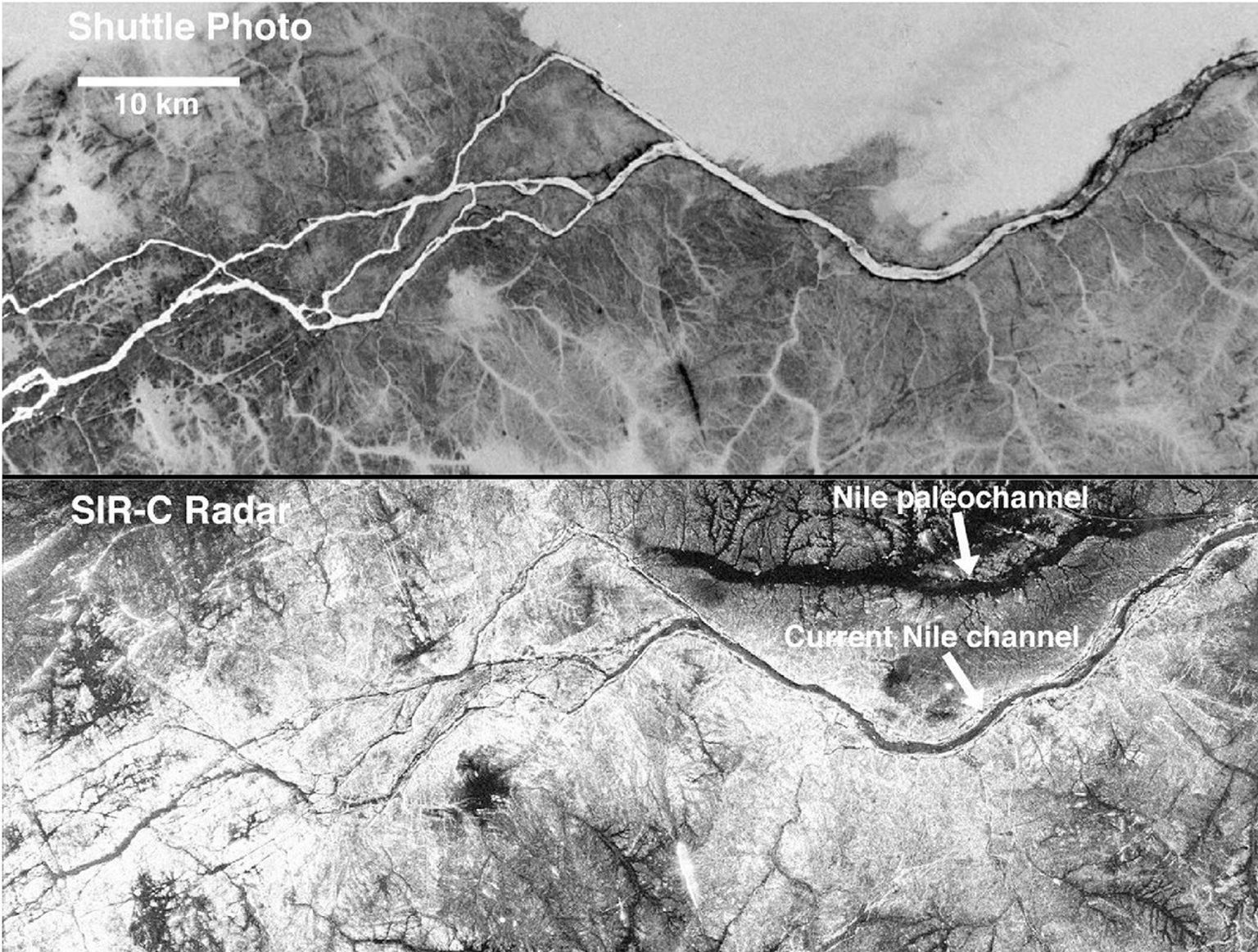 These two gray-scale images from NASA's Space Shuttle show part of the Nile River, near the Fourth Cataract in Sudan.