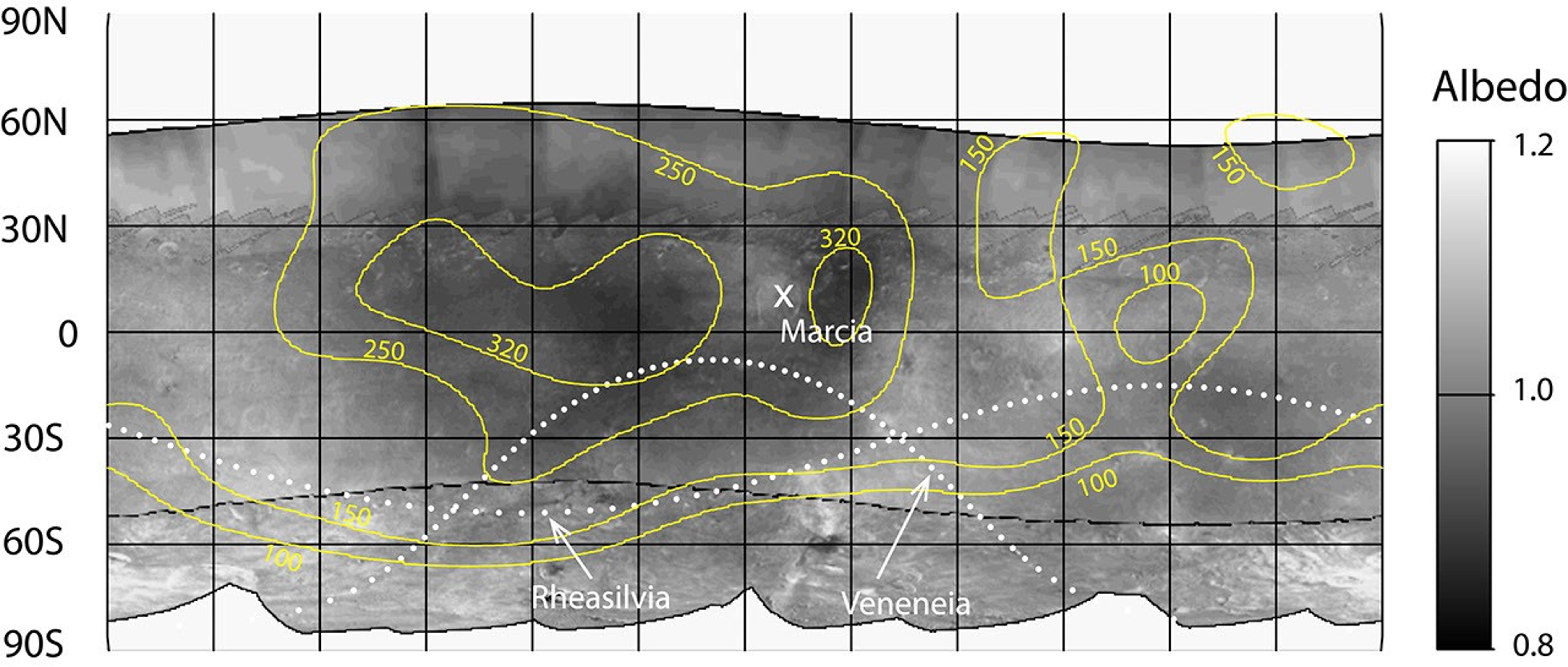 Hydrogen is most abundant in areas with low reflectivity, or albedo, on the giant asteroid Vesta, as shown in this contour map from NASA's Dawn mission.