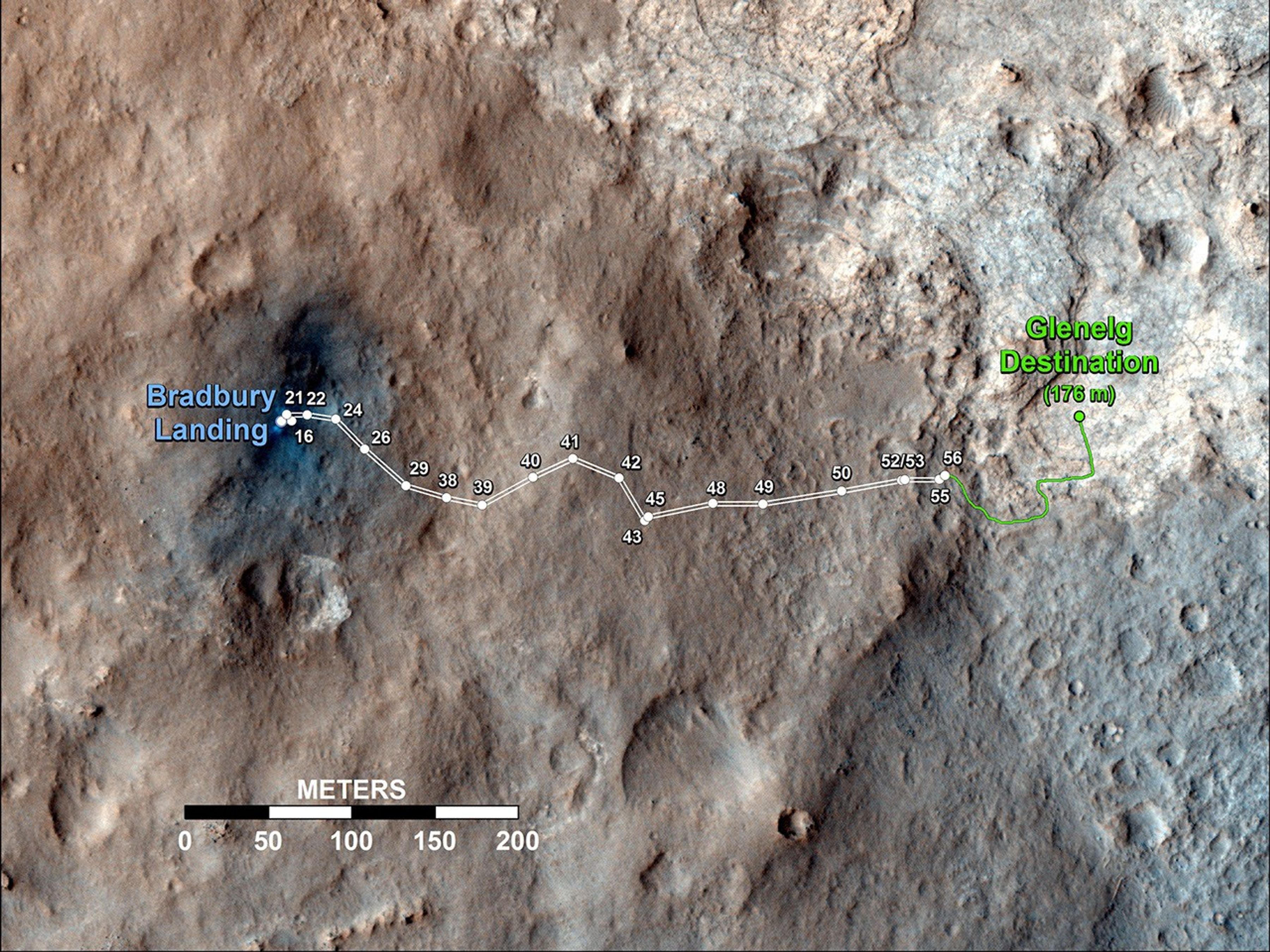 This map shows the route driven by NASA's Mars rover Curiosity through the 56th Martian day, or sol, of the rover's mission on Mars (Oct. 2, 2012).