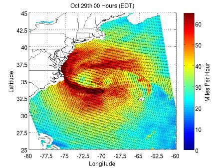 This image shows ocean surface winds for Hurricane Sandy observed by the OSCAT radar scatterometer on the Indian Space Research Organization's (ISRO) OceanSat-2 satellite. Colors indicate wind speed and arrows indicate direction.