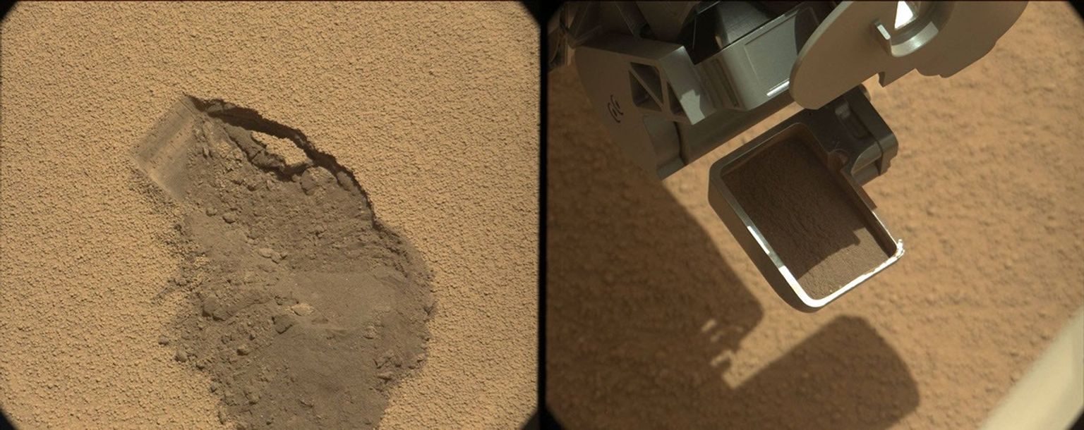 This pairing illustrates the first time that NASA's Mars rover Curiosity collected a scoop of soil on Mars. At right, the ground location 'Rocknest,' at left, after the scoop of sand and dust had been removed.