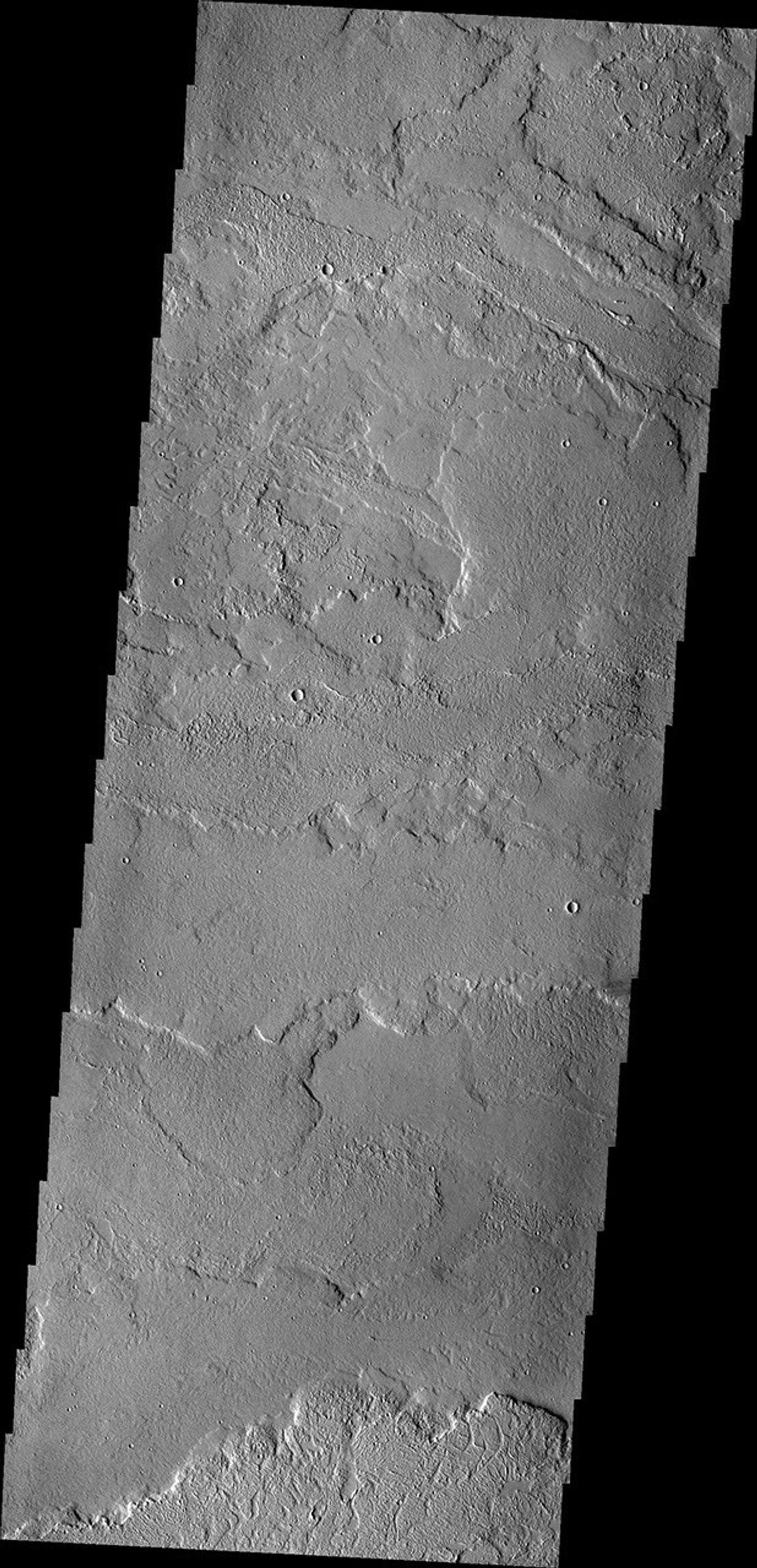 This image from NASA's 2001 Mars Odyssey spacecraft shows some of the extensive volcanic flows east of the large Tharsis volcanoes.