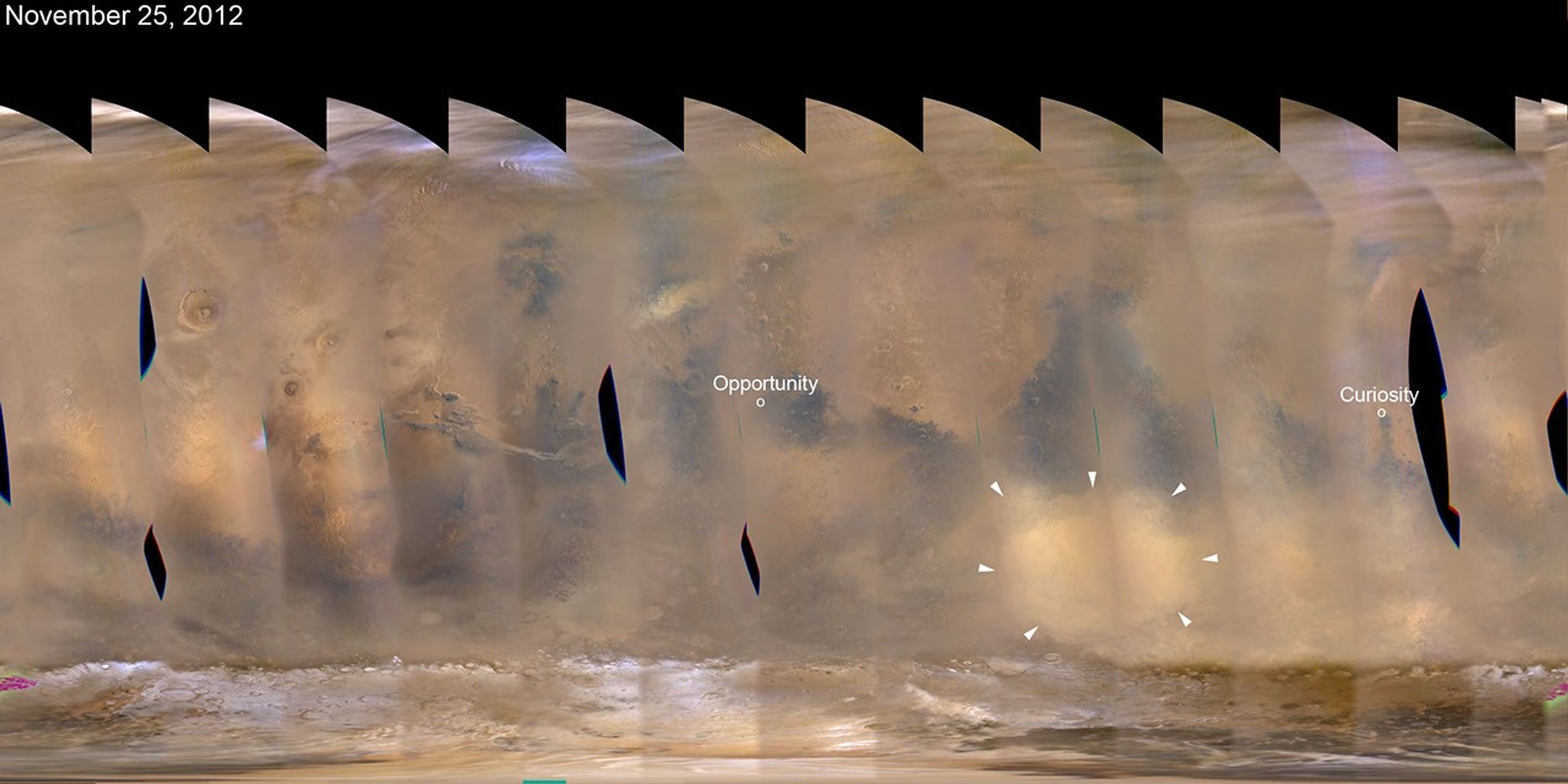A regional dust storm visible in the southern hemisphere of Mars in this nearly global mosaic of observations made by the Mars Color Imager on NASA's Mars Reconnaissance Orbiter on Nov. 25, 2012, has contracted from its size a week earlier.