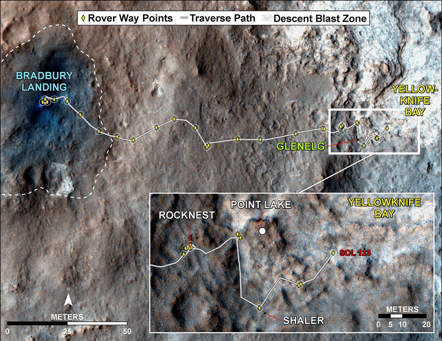 This map traces where NASA's Mars rover Curiosity drove between landing at a site subsequently named 'Bradbury Landing,' and the position reached during the mission's 123rd Martian day, or sol, (Aug. 10, 2012).