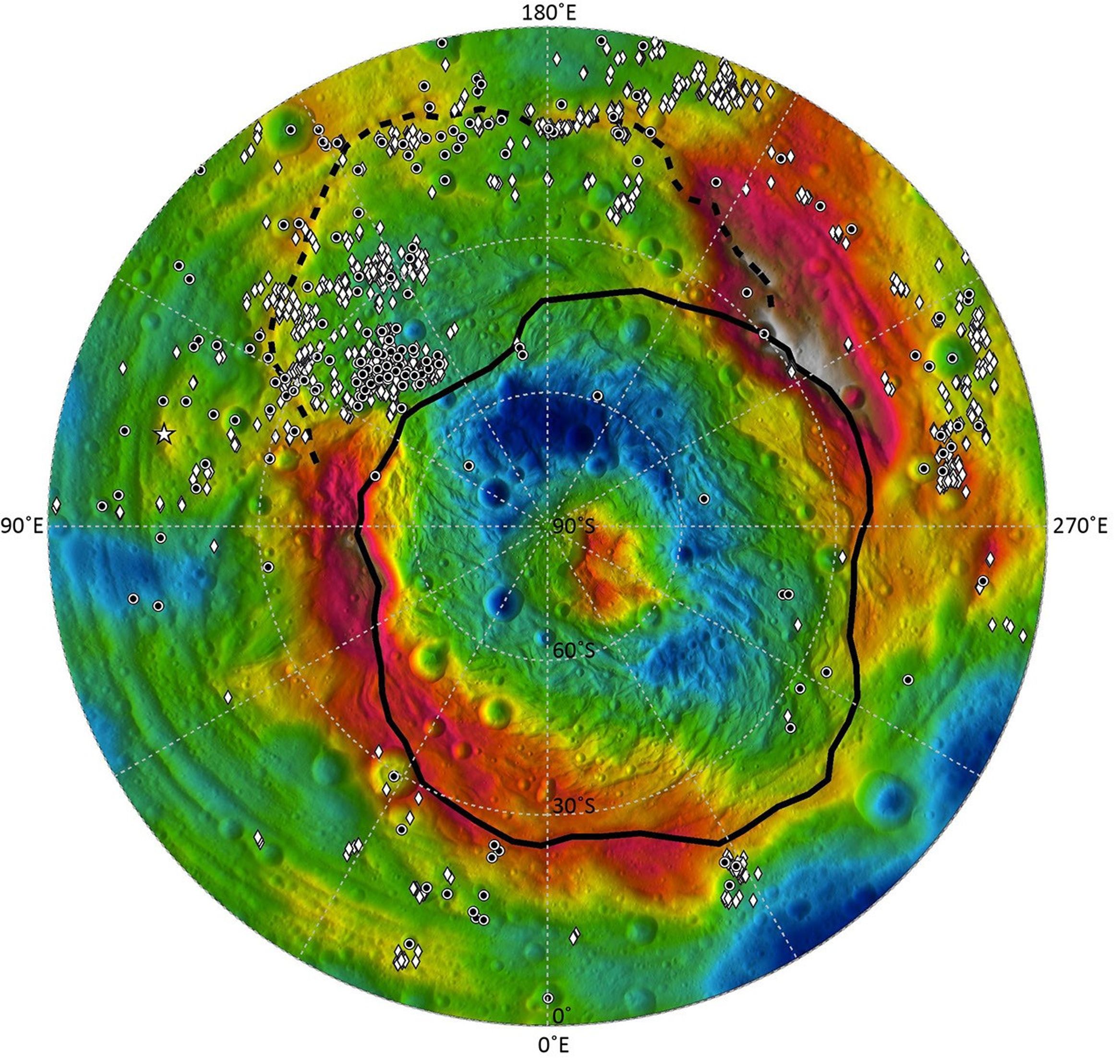This map shows the distribution of dark materials throughout the southern hemisphere of the giant asteroid Vesta. The circles, diamonds, and stars show where the dark material appears in craters, spots and topographic highs.