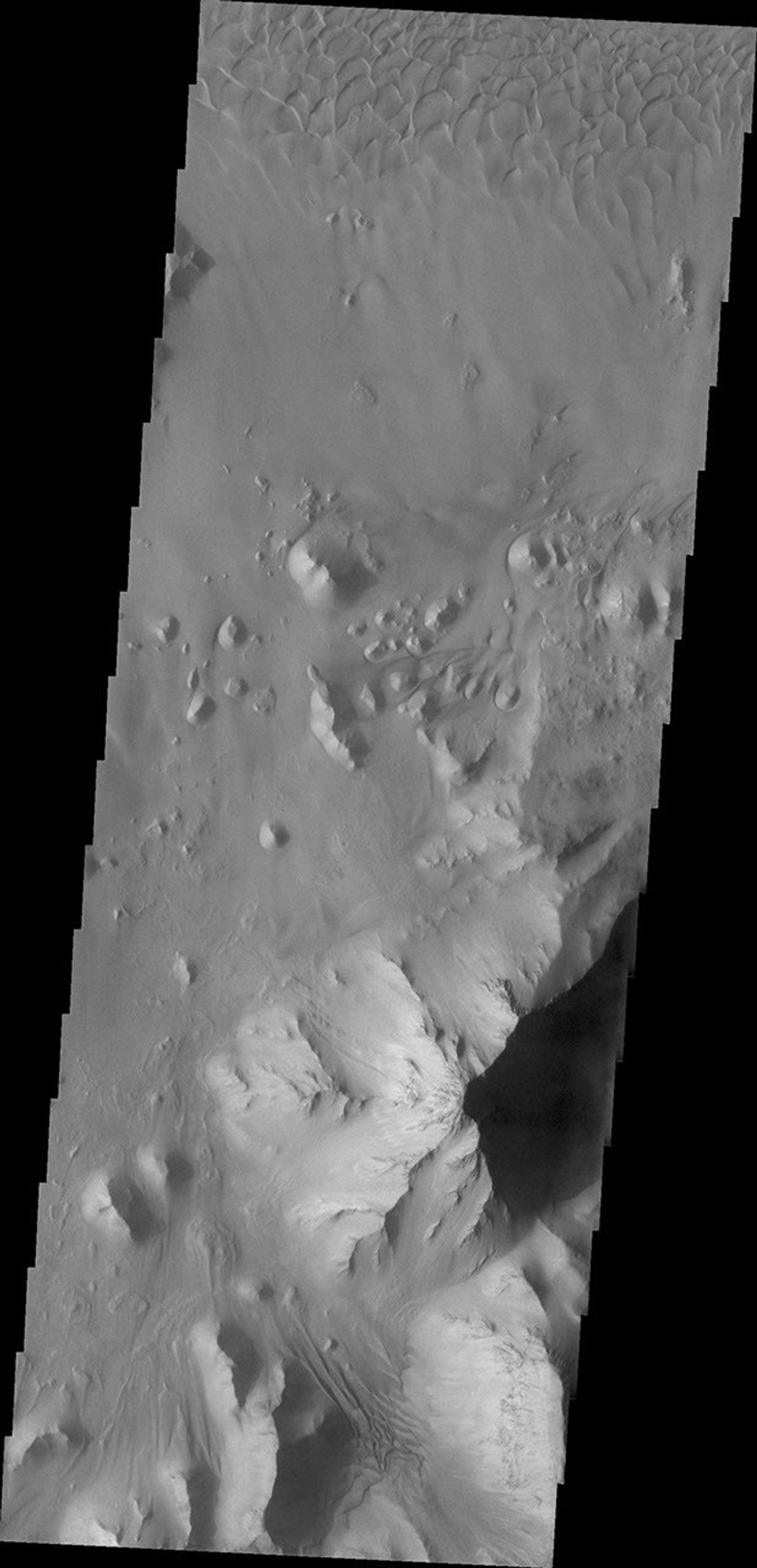 This image from NASA's 2001 Mars Odyssey spacecraft shows part of the floor of Ganges Chasma on Mars, including part of a sand sheet.