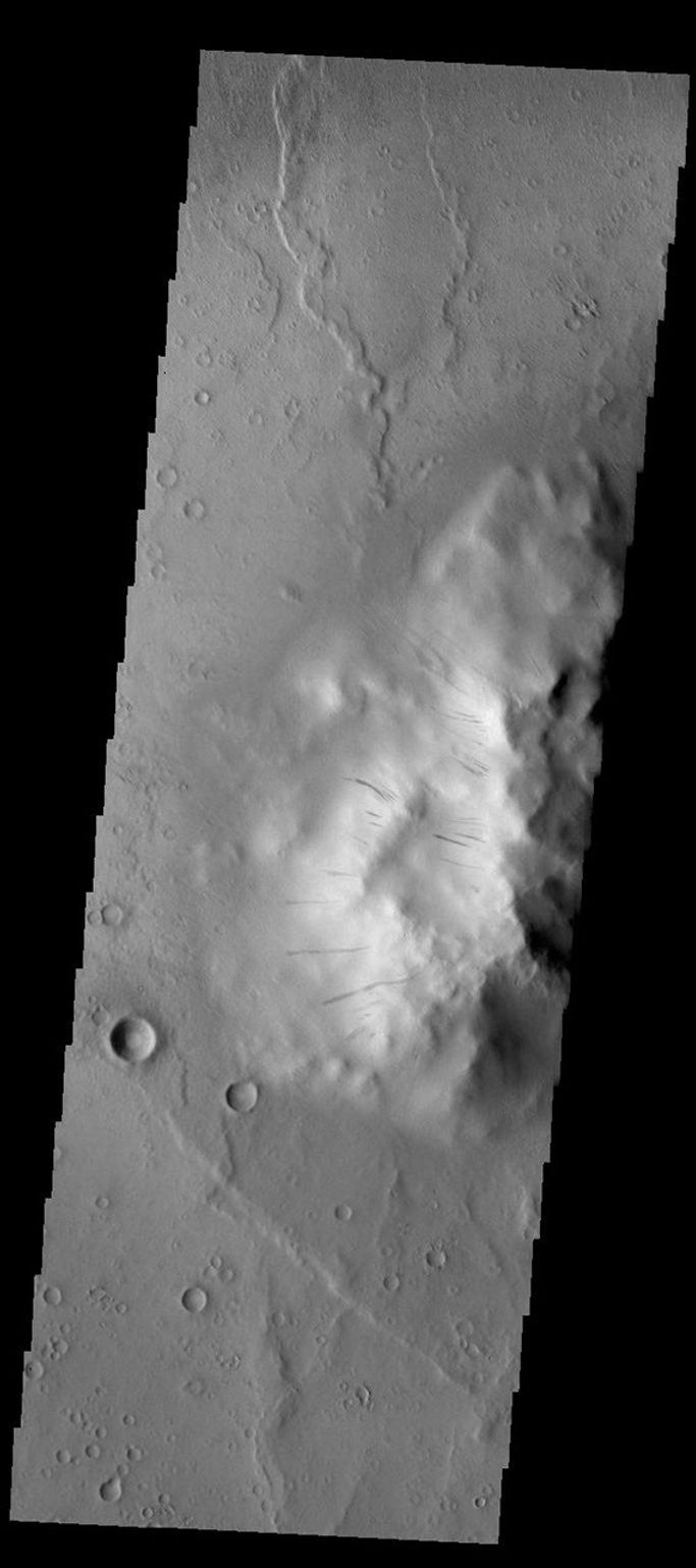Dark slope streaks mark the side of the central peak on the floor of Cobres Crater in this image captured by NASA's 2001 Mars Odyssey spacecraft.