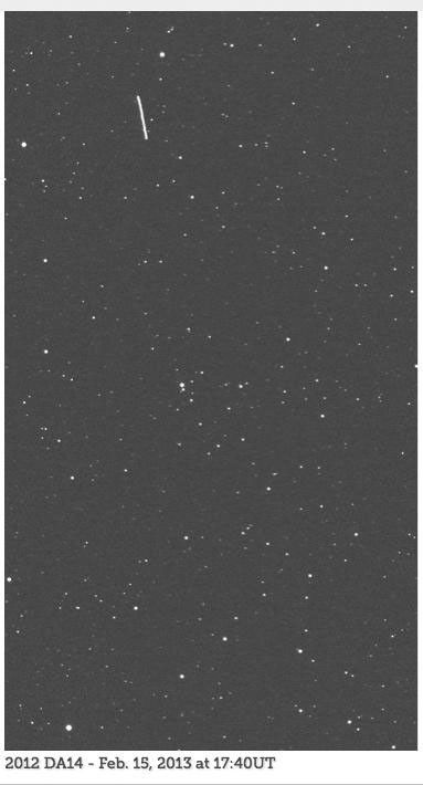 An animated set of images, from the telescope known as the iTelescope.net Siding Spring Observatory, shows asteroid 2012 DA14 as the streak moving from top to bottom in the field of view. The animation is available in the Planetary Photojournal.
