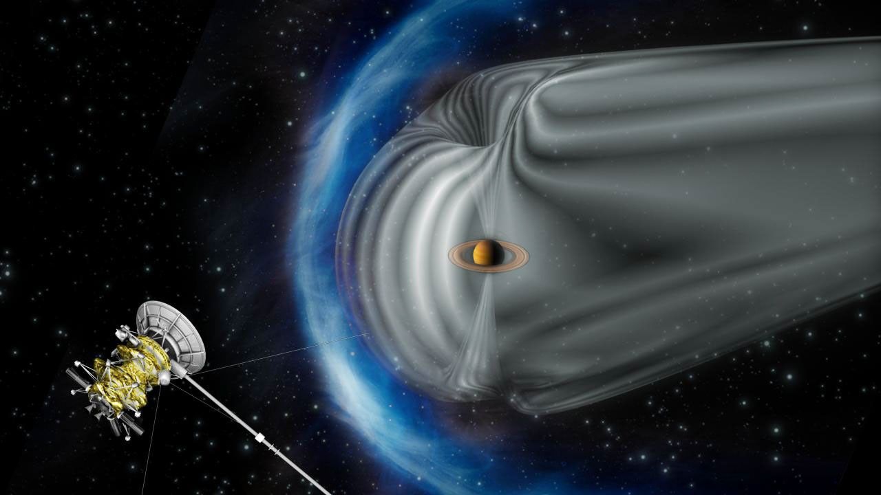 This artist's impression by the European Space Agency shows NASA's Cassini spacecraft exploring the magnetic environment of Saturn. The image is not to scale.