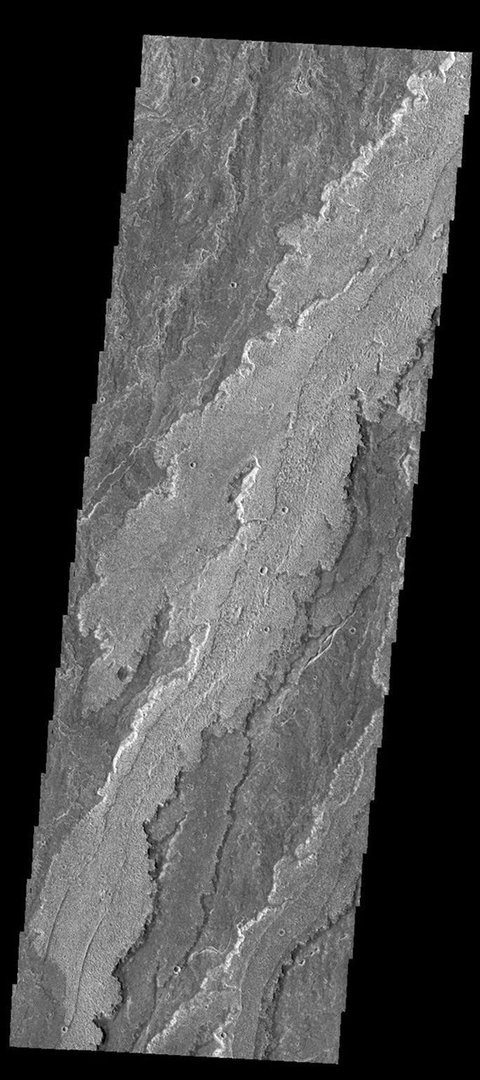 This image from NASA's 2001 Mars Odyssey spacecraft shows a small portion of the lava flows that make up Daedalia Planum.