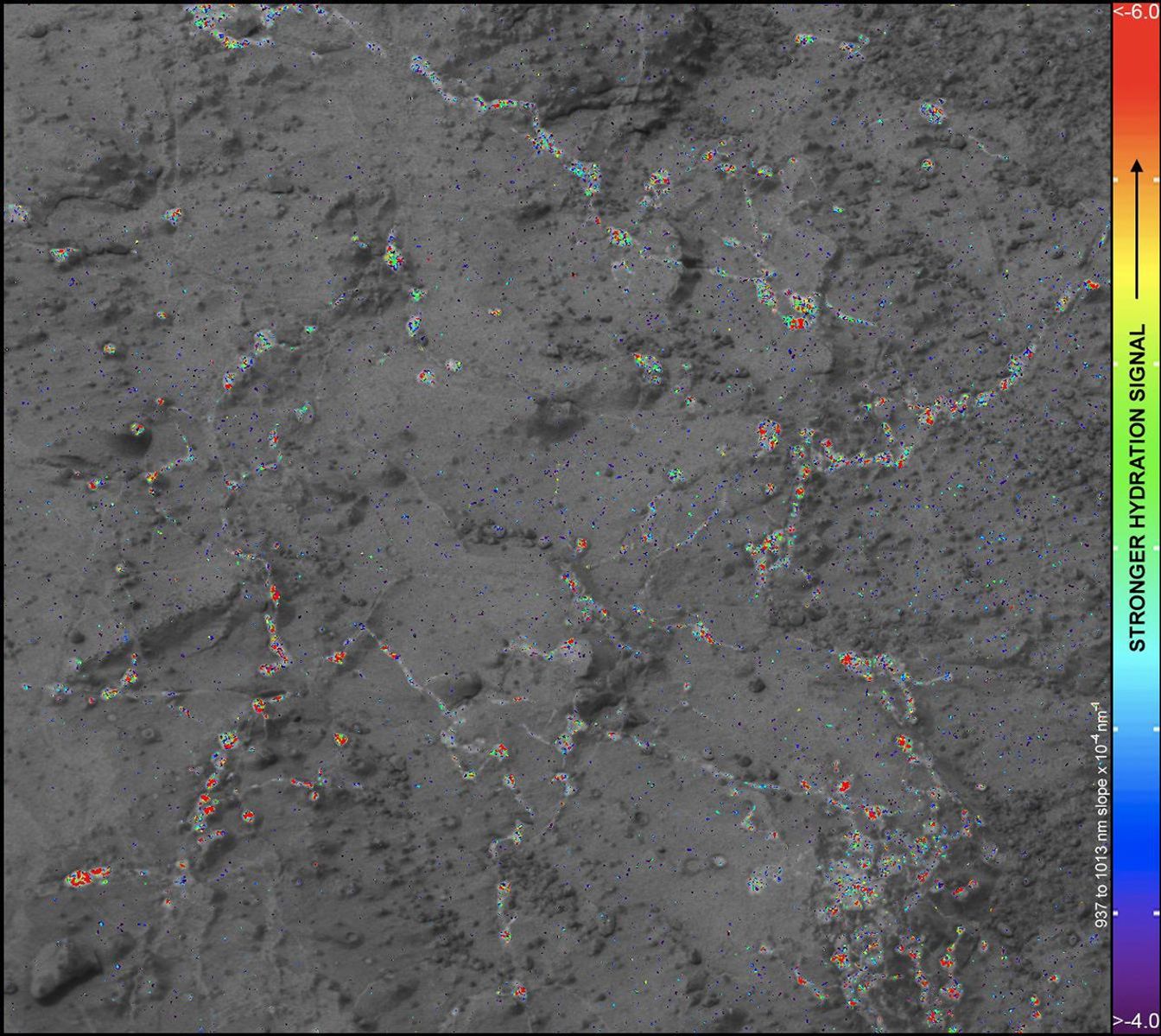 On this image of the rock target 'Knorr,' color coding maps the amount of mineral hydration indicated by a ratio of near-infrared reflectance intensities measured by the Mastcam on NASA's Mars rover Curiosity.