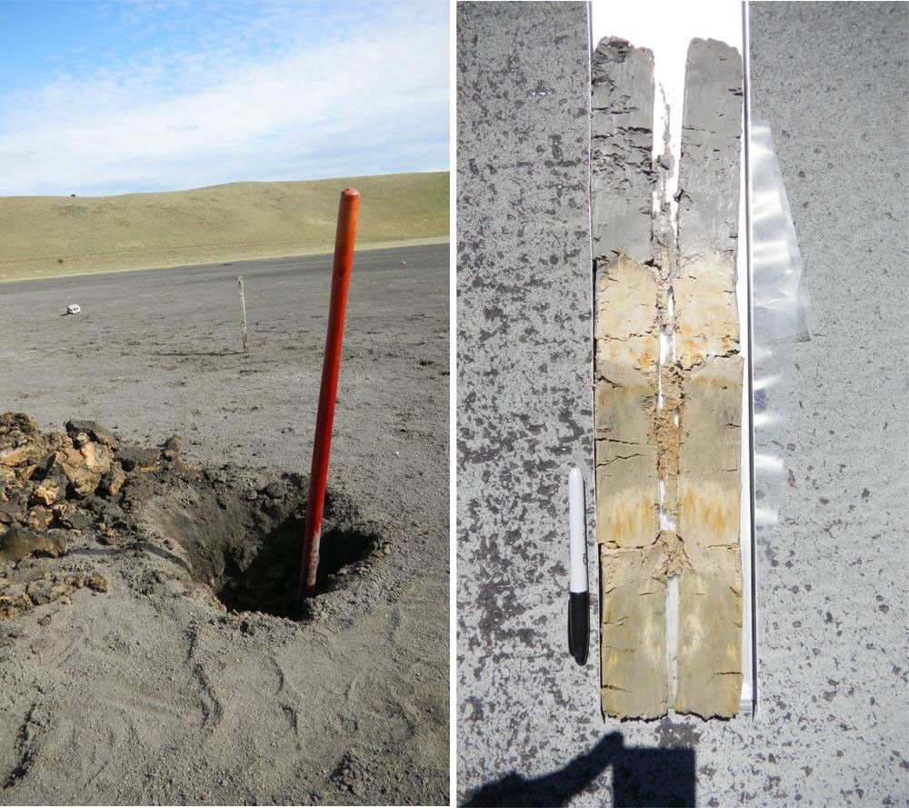 A sampling pit exposing clay-bearing lake sediments, deposited in a basaltic basin in southern Australia -- a modern terrestrial analog to the 'Yellowknife Bay' area that NASA's Curiosity rover is exploring.