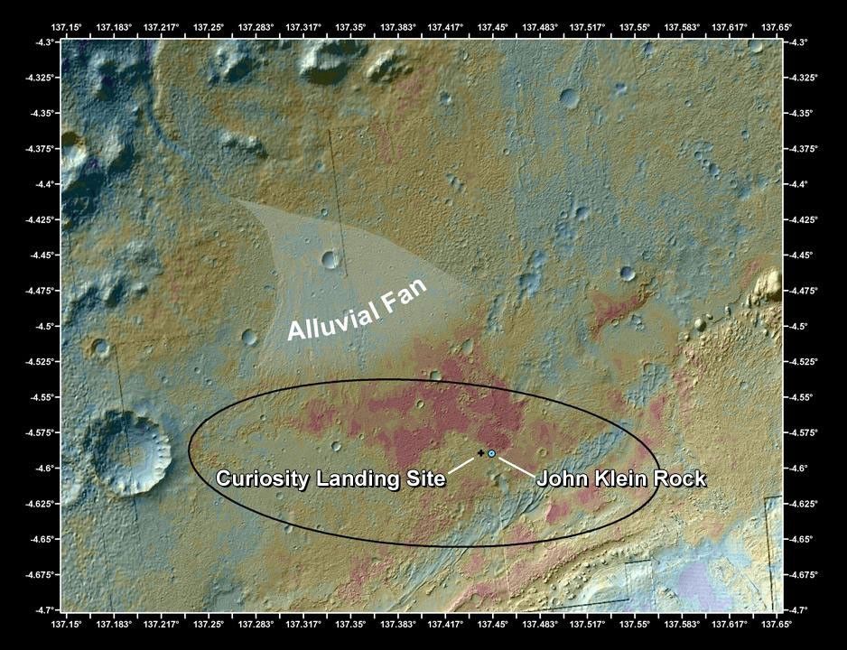 This false-color map shows the area within Gale Crater on Mars, where NASA's Curiosity rover landed on Aug. 5, 2012 PDT (Aug. 6, 2012 EDT) and the location where Curiosity collected its first drilled sample at the 'John Klein' rock.