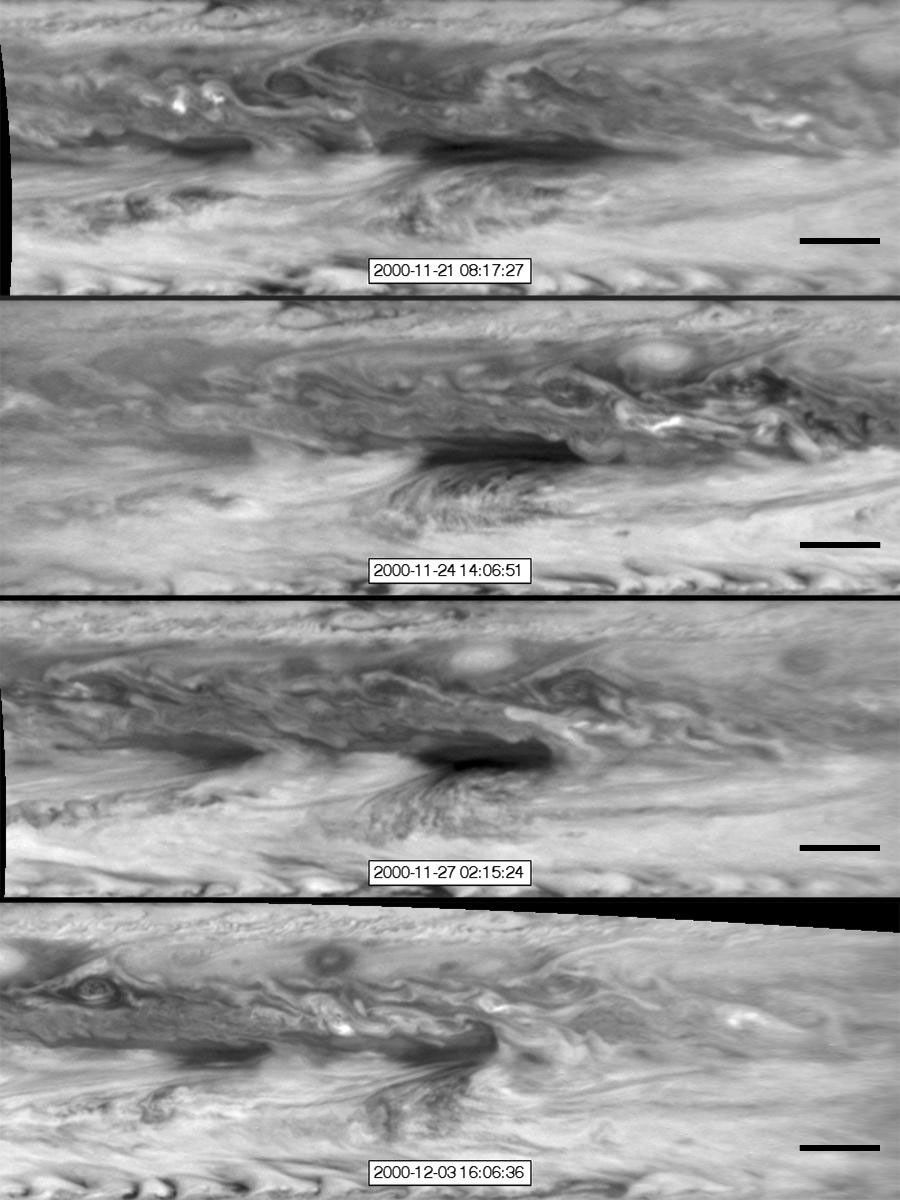 In this series of images from NASA's Cassini spacecraft, a dark, rectangular hot spot interacts with a line of vortices that approaches from on the upper-right side. The interaction distorts the shape of the hot spot, leaving it diminished.
