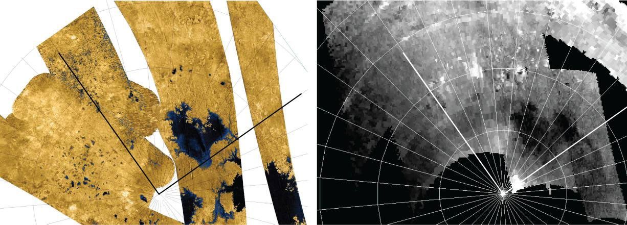A dense network of small rivers or swampy areas appears to connect some of the seas on Saturn's moon Titan, as seen in this comparison of data of the same area from two instruments on NASA's Cassini spacecraft.