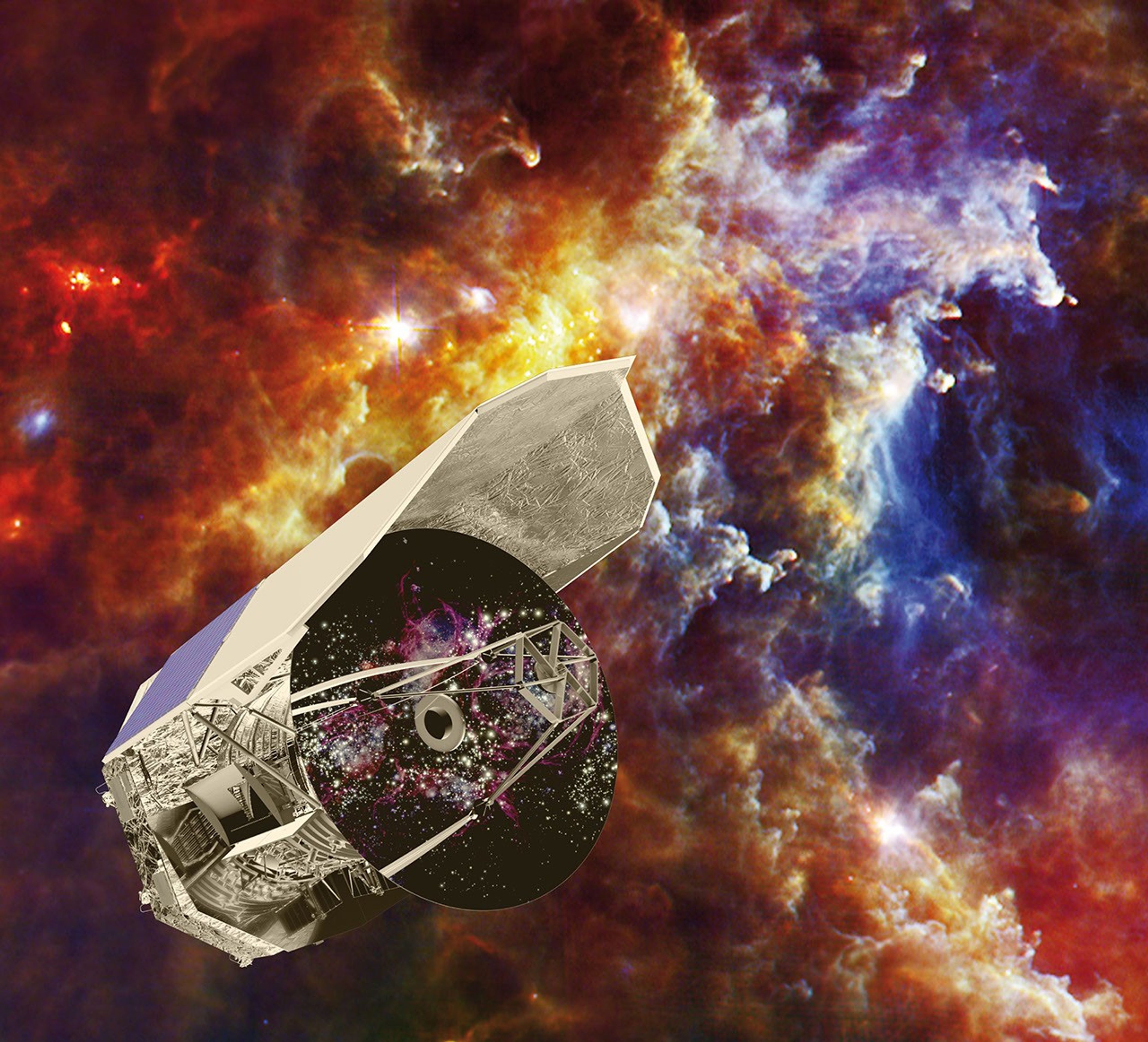Artist's impression of Herschel is set against an image captured by the observatory, showing baby stars forming in the Rosette nebula. The bright spots are dusty cocoons containing massive forming stars, each one up to ten times the mass of our own sun.