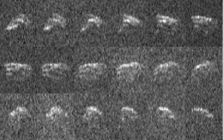This sequence of radar images of asteroid 2013 ET was obtained on Mar. 10, 2013, by NASA scientists using the 230-foot (70-meter) DSN antenna at Goldstone, CA, when the asteroid was about 693,000 mi (1.1 million km) from Earth.
