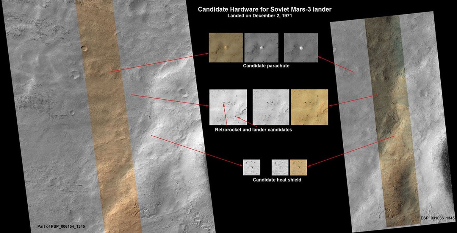 This set of images shows what might be hardware from the Soviet Union's 1971 Mars 3 lander, seen in a pair of images from the High Resolution Imaging Science Experiment (HiRISE) camera on NASA's Mars Reconnaissance Orbiter.