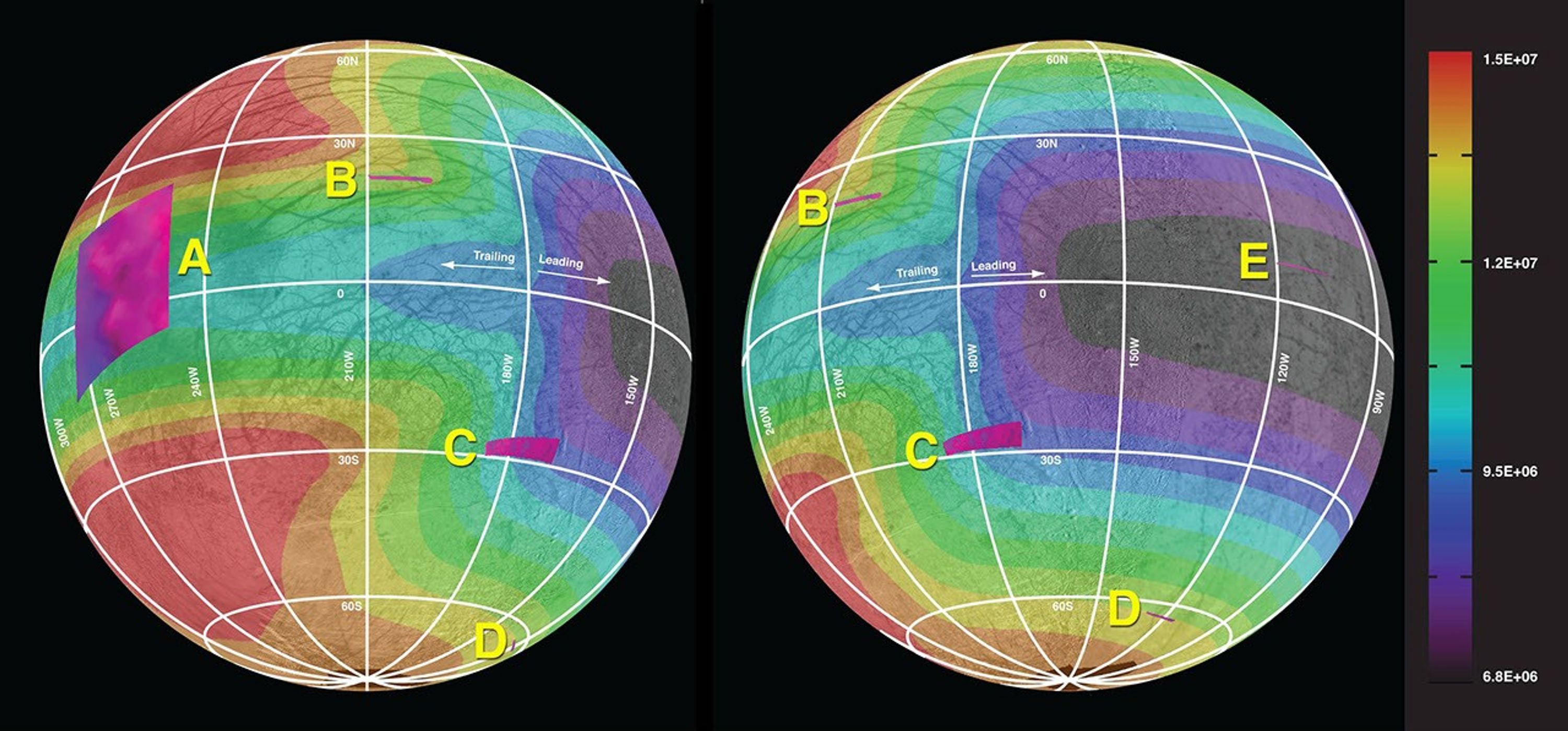 This graphic of Jupiter's moon Europa maps a relationship between the amount of energy deposited onto the moon from charged-particle bombardment and chemical contents of ice deposits.