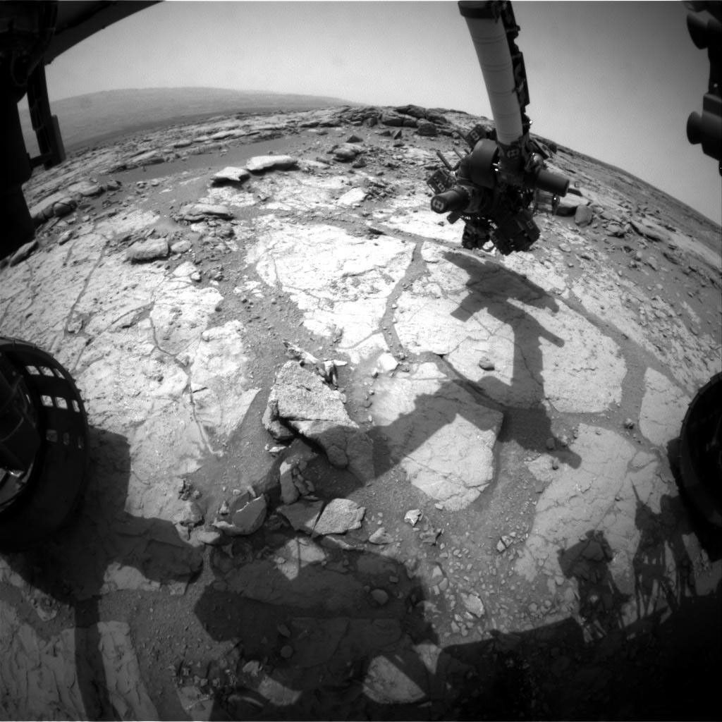 NASA's Mars rover Curiosity used its front left Hazard-Avoidance Camera for this image of the rover's arm over the drilling target 'Cumberland' during the 275th Martian day, or sol, of the rover's work on Mars (May 15, 2013).