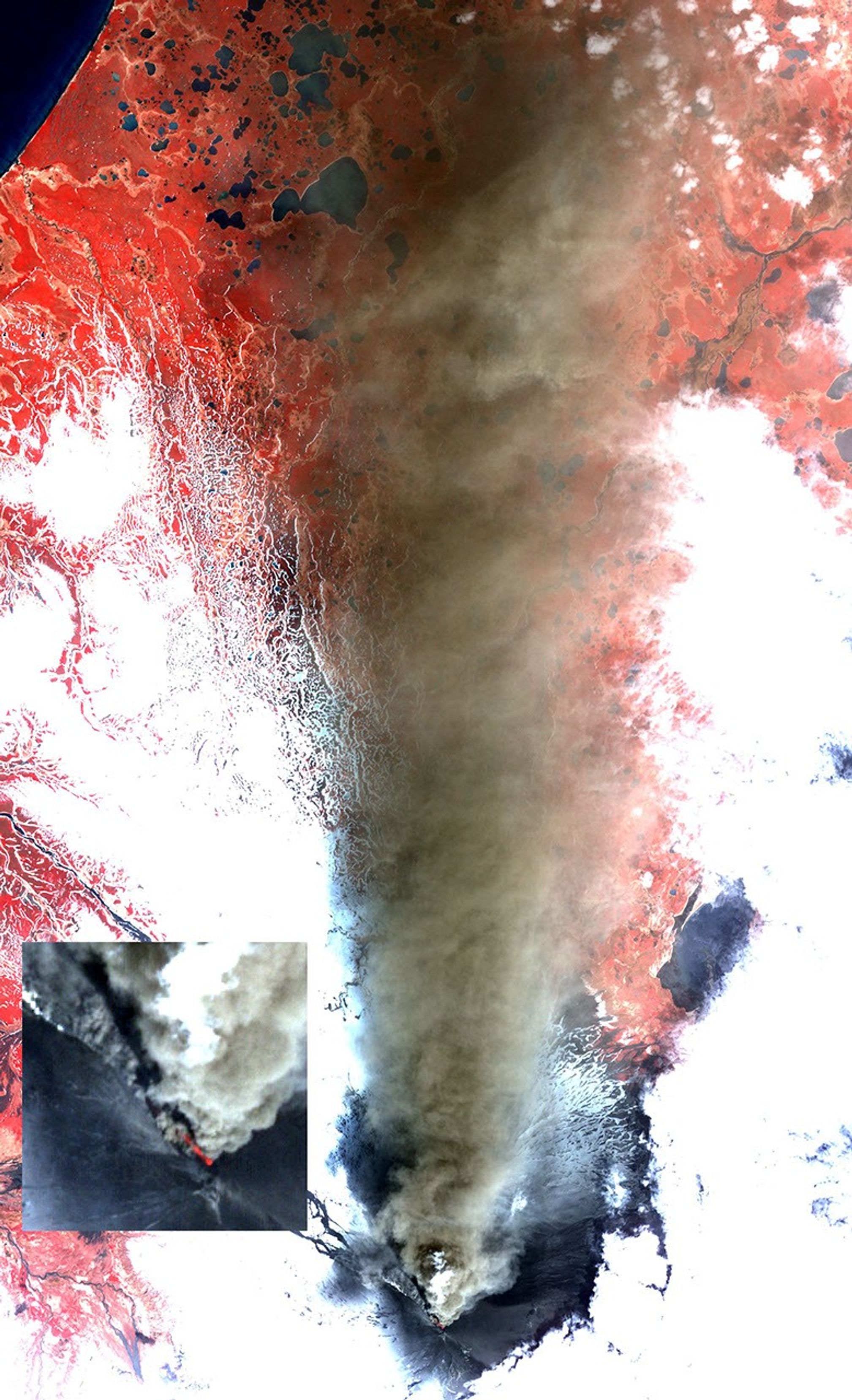 Alaska's Pavlof volcano, located along Alaska's Aleutian Peninsula, sent a low-level ash plume north-northeast about 37.3 miles (60 kilometers) on May 19, 2013, when this image was acquired NASA's Terra spacecraft.