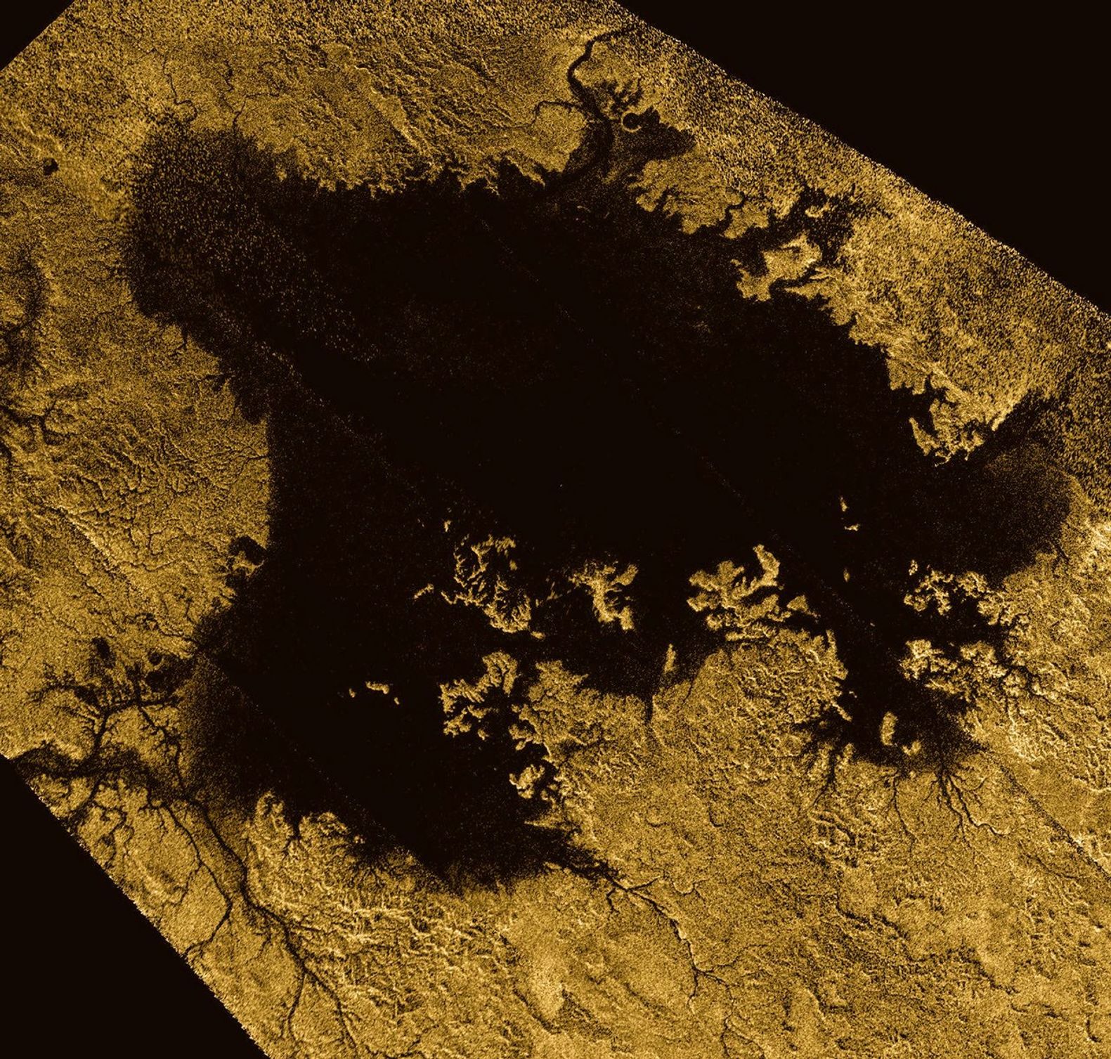 Ligeia Mare, shown here in a false color image from NASA's Cassini mission, is the second largest known body of liquid on Saturn's moon Titan. It is filled with liquid hydrocarbons, such as ethane and methane.