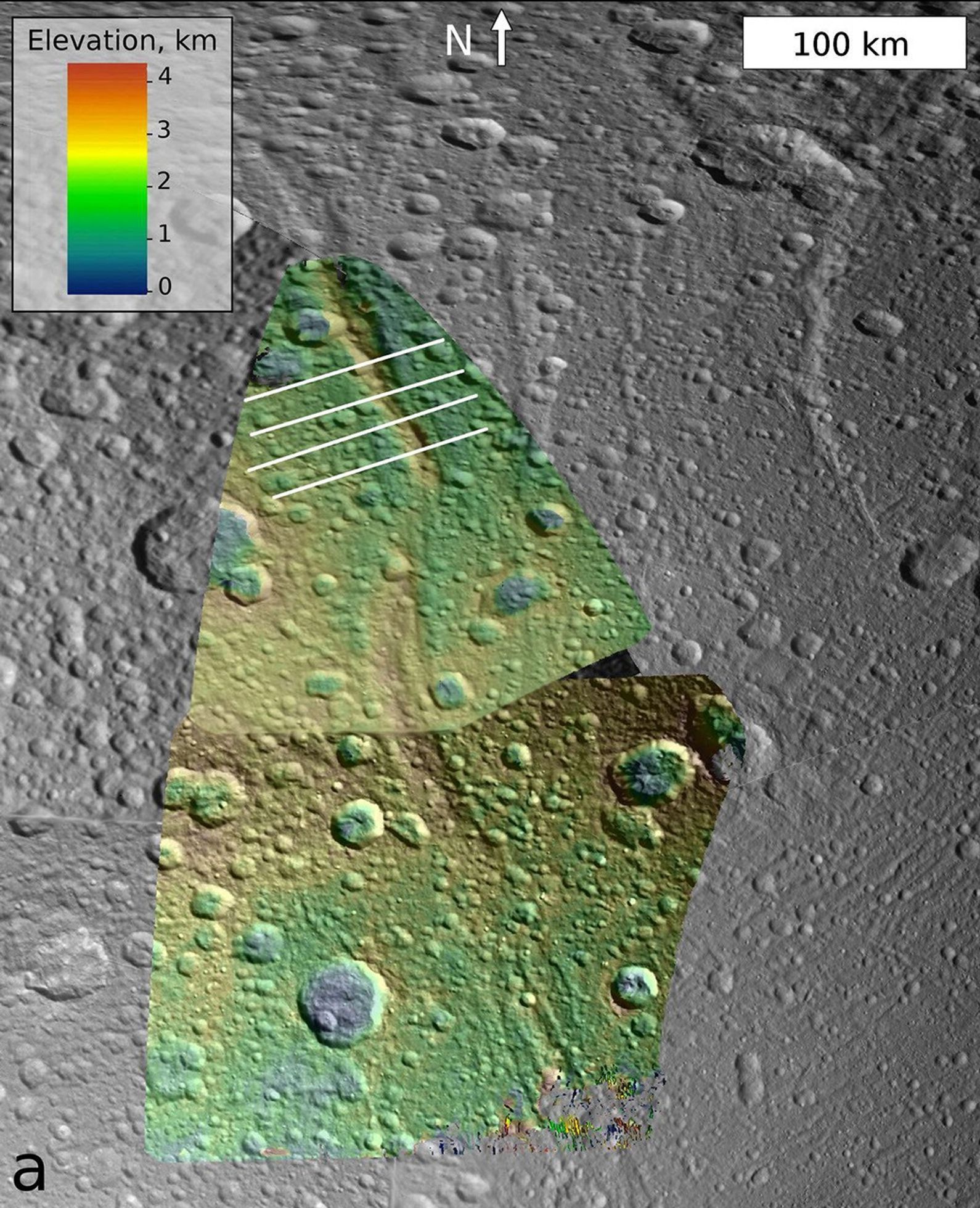 This image, which is composed of data obtained by NASA's Cassini spacecraft, shows the topography of a mountain known as Janiculum Dorsa on the Saturnian moon Dione.