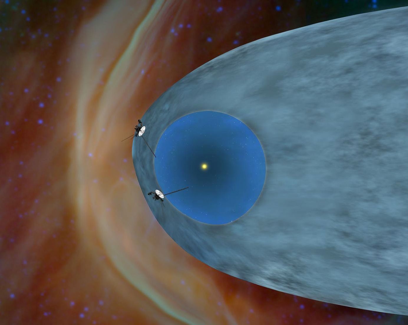 This artist's concept shows NASA's two Voyager spacecraft exploring a turbulent region of space known as the heliosheath, the outer shell of the bubble of charged particles around our sun.
