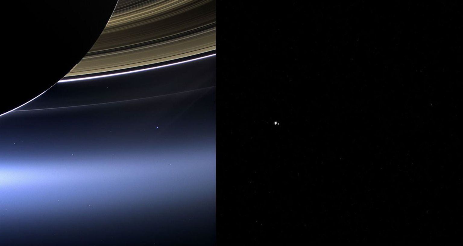 These images show views of Earth and the moon from NASA's Cassini (left) and MESSENGER spacecraft (right) from July 19, 2013.