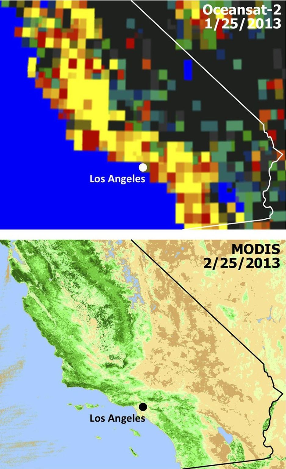 Extensive and persistent rains between Jan. 24 and Jan. 27, 2013, significantly increased soil moisture and enhanced vegetation growth in Southern California based on data from NASA's Aqua spacecraft and ISRO's Oceansat-2 satellite.