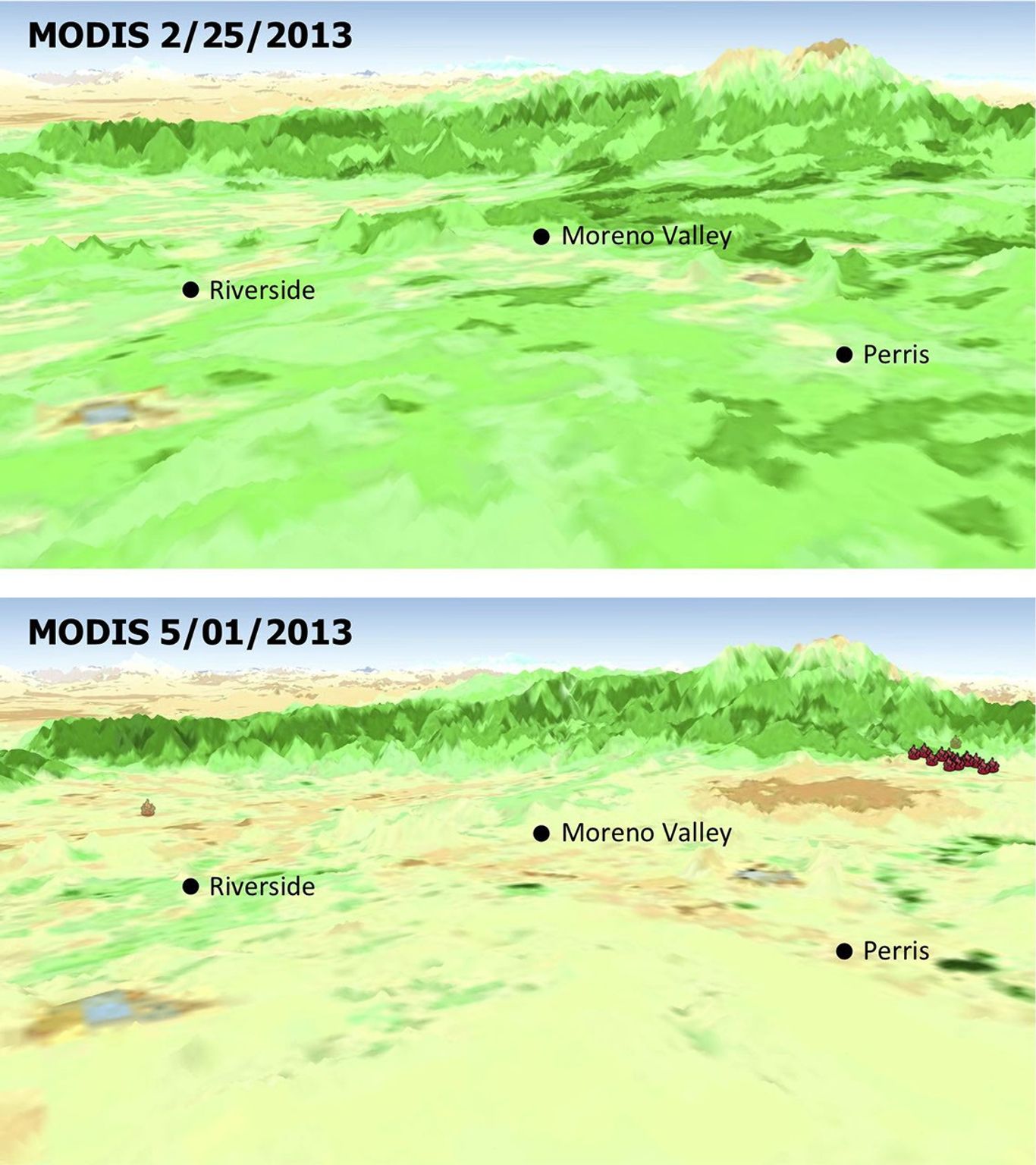 The quick dry-out of vegetation in Southern California this year is depicted in this pair of images from the Moderate Resolution Imaging Spectroradiometer (MODIS) sensor on NASA's Aqua spacecraft.