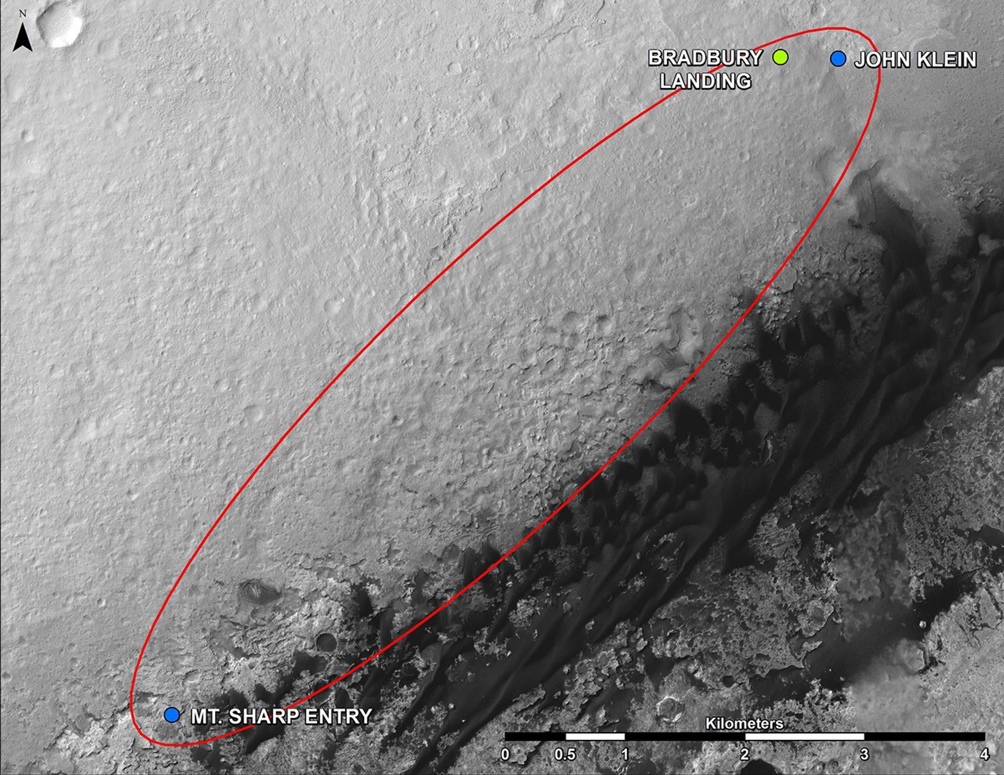 This map shows where NASA's Mars rover Curiosity landed in August 2012 at 'Bradbury Landing.' All of these features are inside Gale Crater. Curiosity's next major destination, the entry point to the base of Mount Sharp.