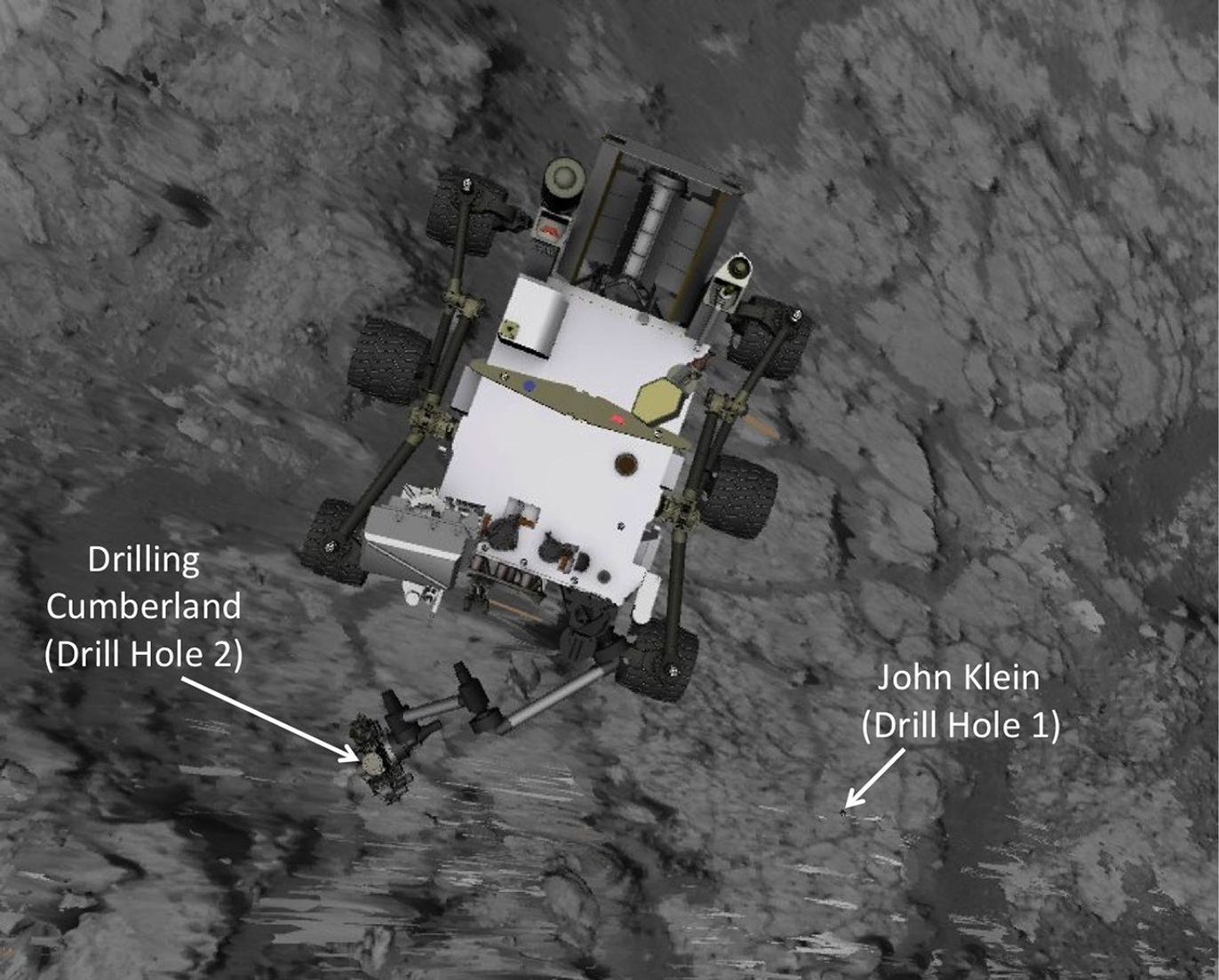 This image produced from software used for planning drives of NASA's Mars rover Curiosity depicts the location and size of the rover when it was driven into position for drilling into rock target 'Cumberland.'