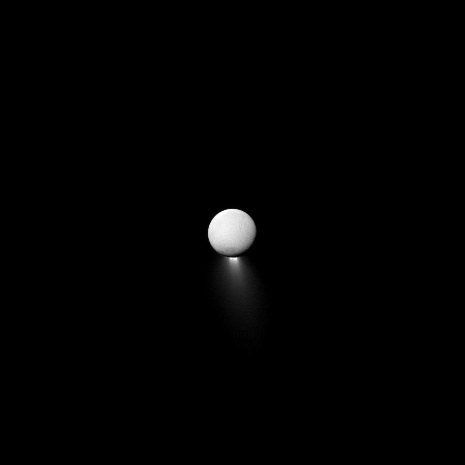 Enceladus's unusual plume is only easily visible when NASA's Cassini spacecraft and the Sun are on opposite sides of Enceladus. So what's lighting up the moon then? It's light reflected off Saturn.