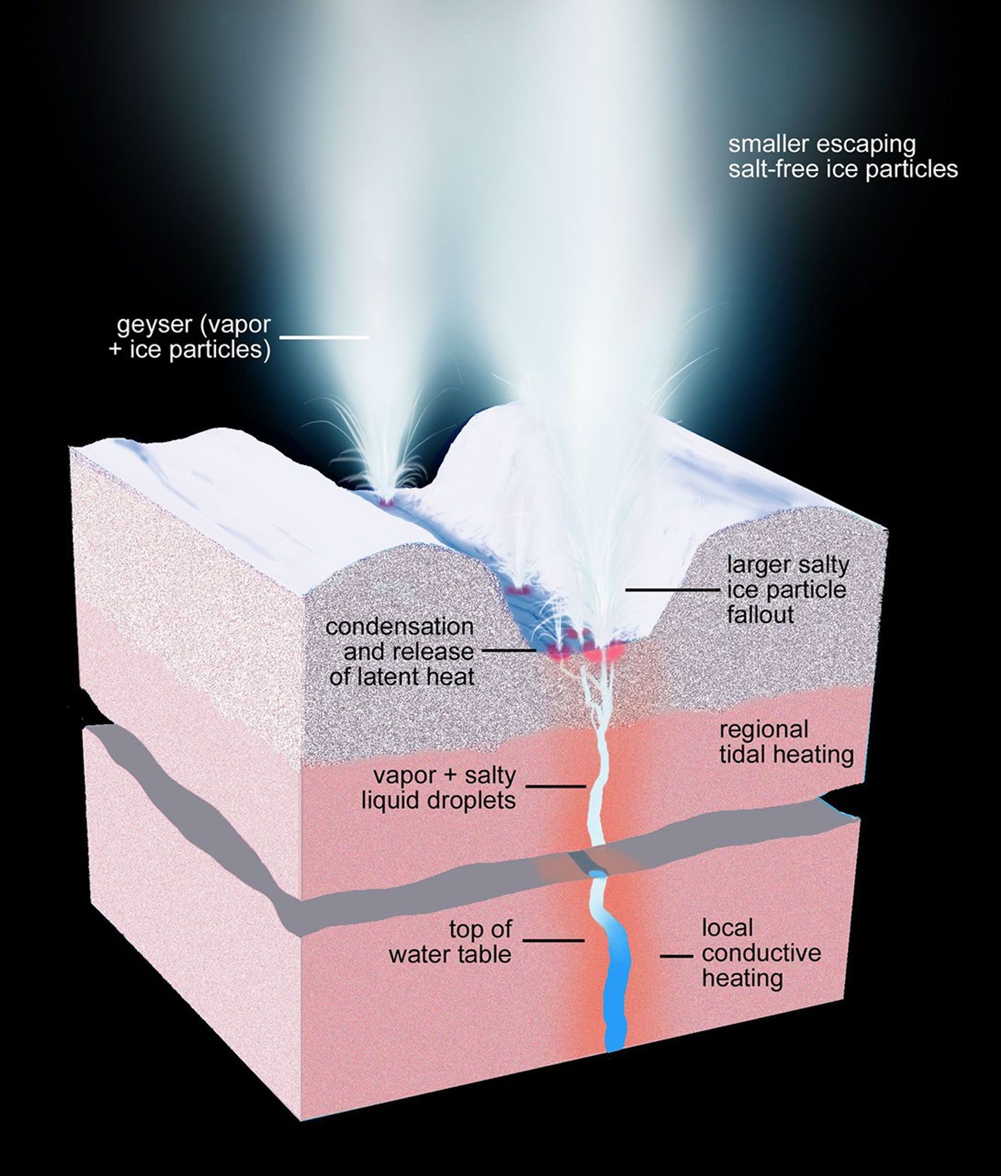 This artist's rendering shows a cross-section of the ice shell immediately beneath one of Enceladus' geyser-active fractures, illustrating the physical and thermal structure and the processes ongoing below and at the surface.
