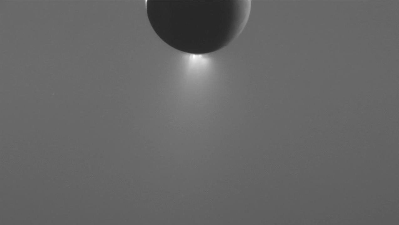 This frame from a sequence of images, captured by NASA's Cassini spacecraft, shows changes in the brightness of the Enceladus plume during a 6.5-hour observation.