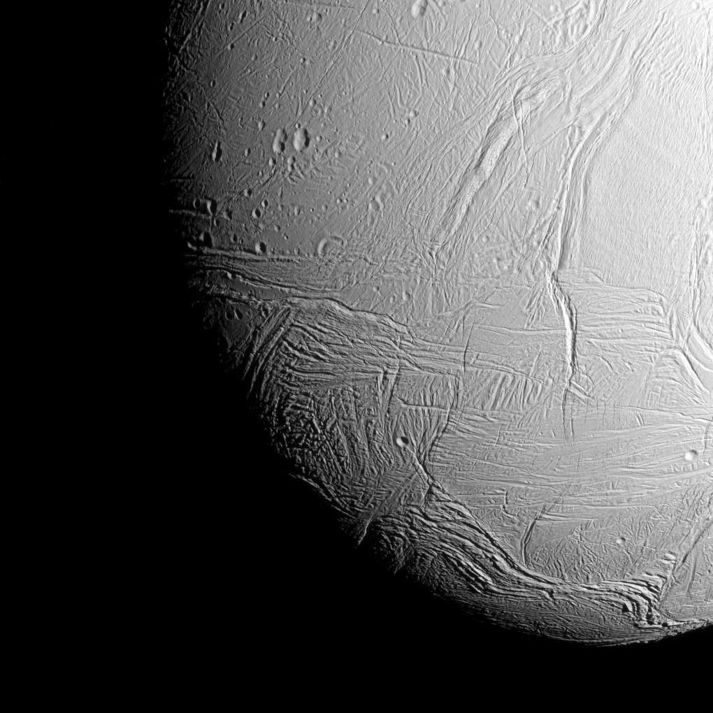 The south polar region of Saturn's active, icy moon Enceladus awaits NASA's Cassini spacecraft in this view, acquired on approach to the mission's deepest-ever dive through the moon's plume of icy spray.