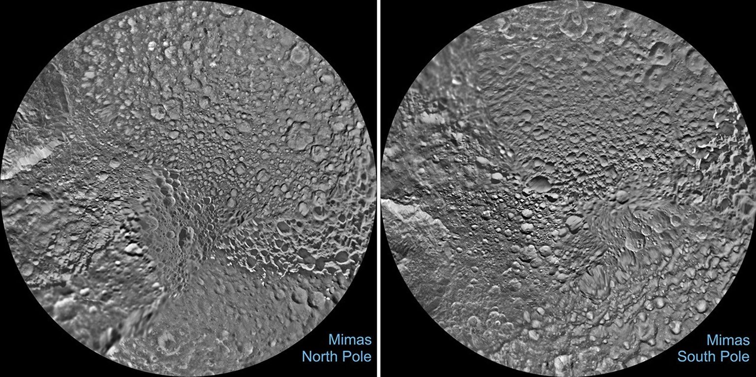 The northern and southern hemispheres of Saturn's moon Mimas are seen in these polar stereographic maps, mosaicked from the best-available images taken by NASA's Cassini spacecraft.