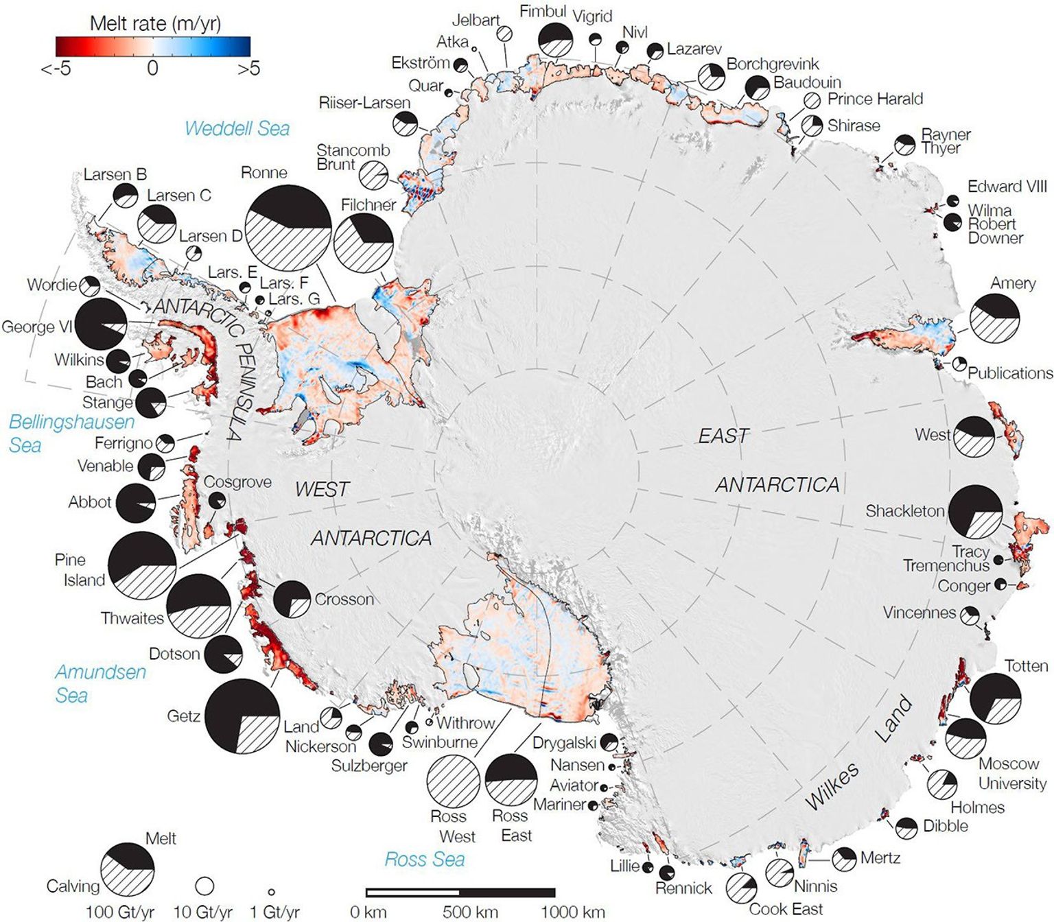 Rates of basal melt of Antarctic ice shelves (melting of the shelves from underneath) overlaid on a 2009 mosaic of Antarctica created from data from NASA's Terra and Aqua spacecraft.