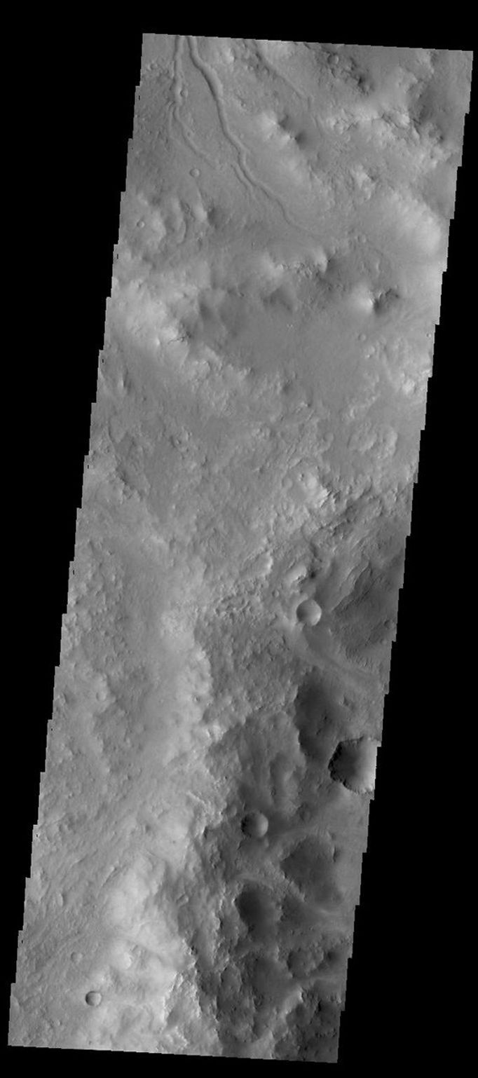 The small channel at the top of this image from NASA's 2001 Mars Odyssey spacecraft is located on the rim of an unnamed crater in Terra Sabaea.
