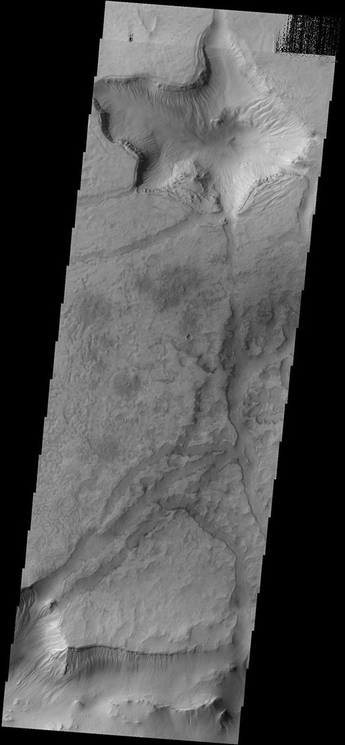 This image from NASA's 2001 Mars Odyssey spacecraft shows some of the depressions in the material that fills Asimov Crater.