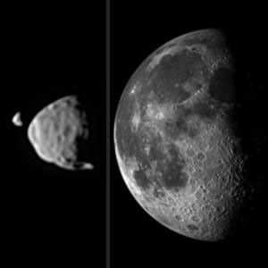 This image from NASA's Mars rover Curiosity provides a comparison for how big the moons of Mars appear to be, as seen from the surface of Mars, in relation to the size that Earth's moon appears to be when seen from the surface of Earth.